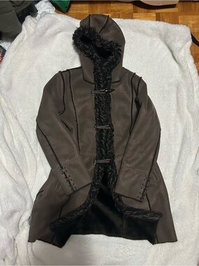 Brown Hooded Teddy Coat with Faux Fur Trim